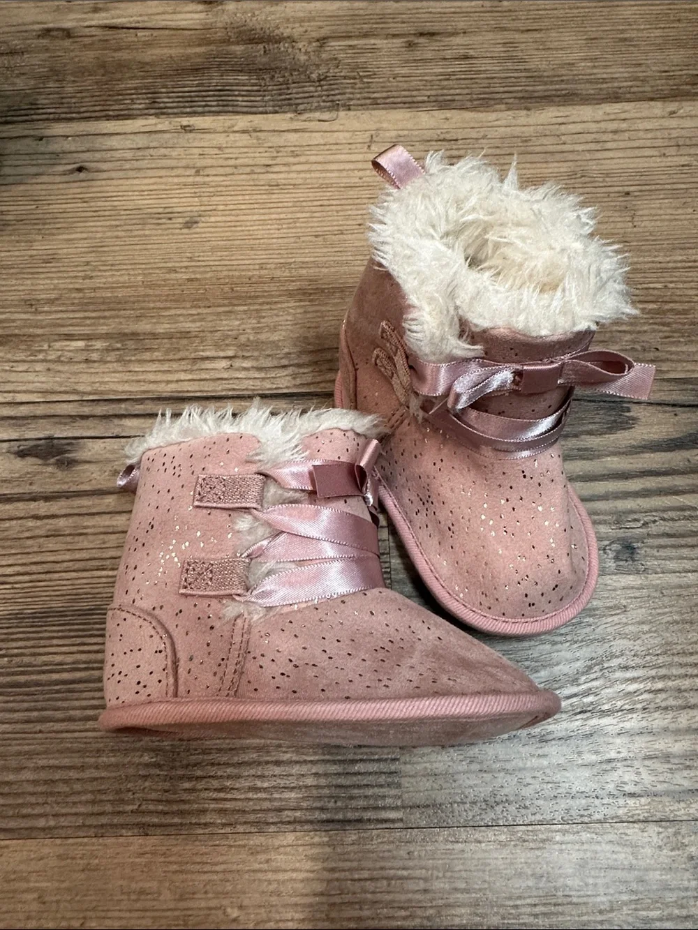 Baby Pink Faux-Fur Lined Booties with Satin Ribbon
